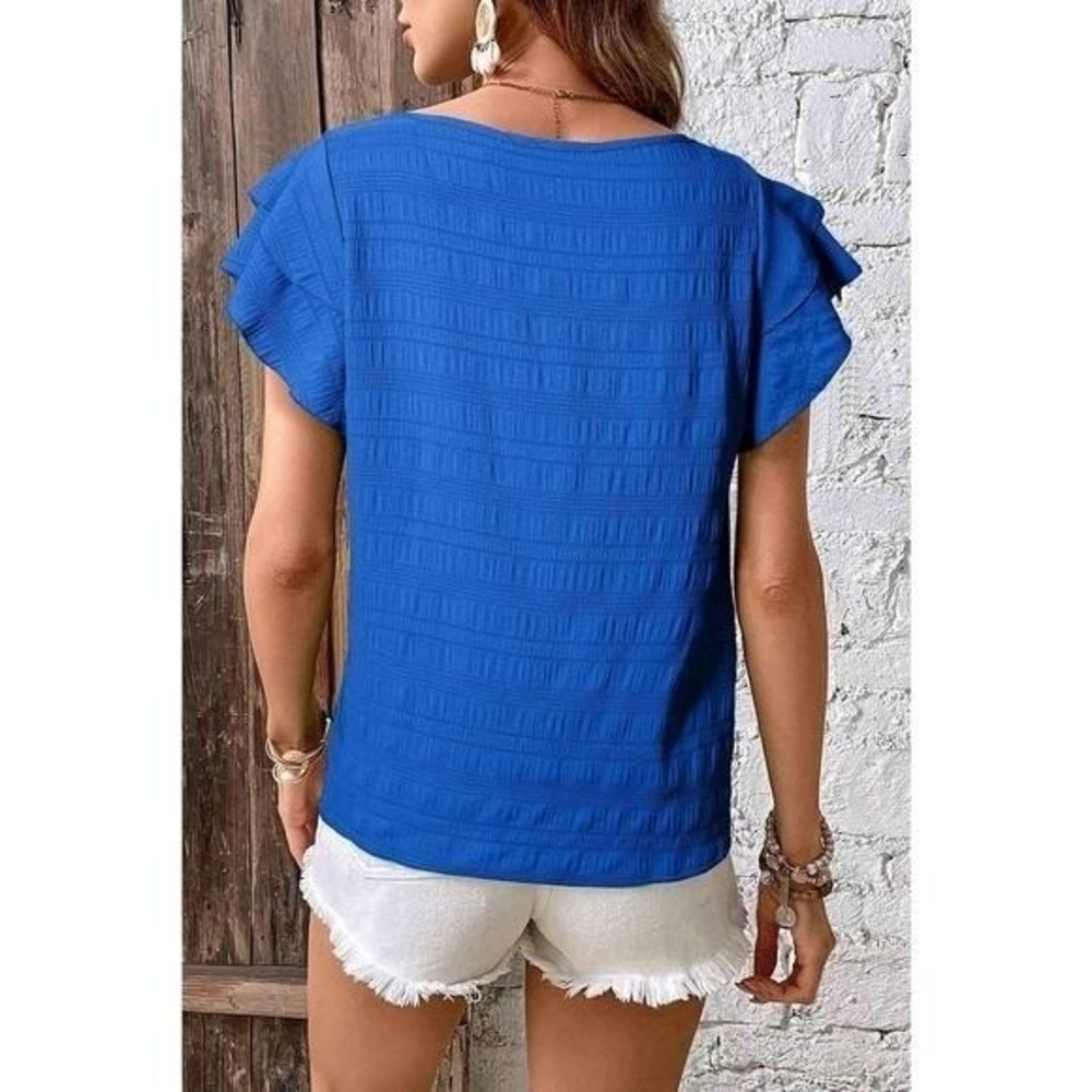 Dark Blue Textured Ruffled Short Sleeve Round Neck Top New X-Large - Picture 5 of 9